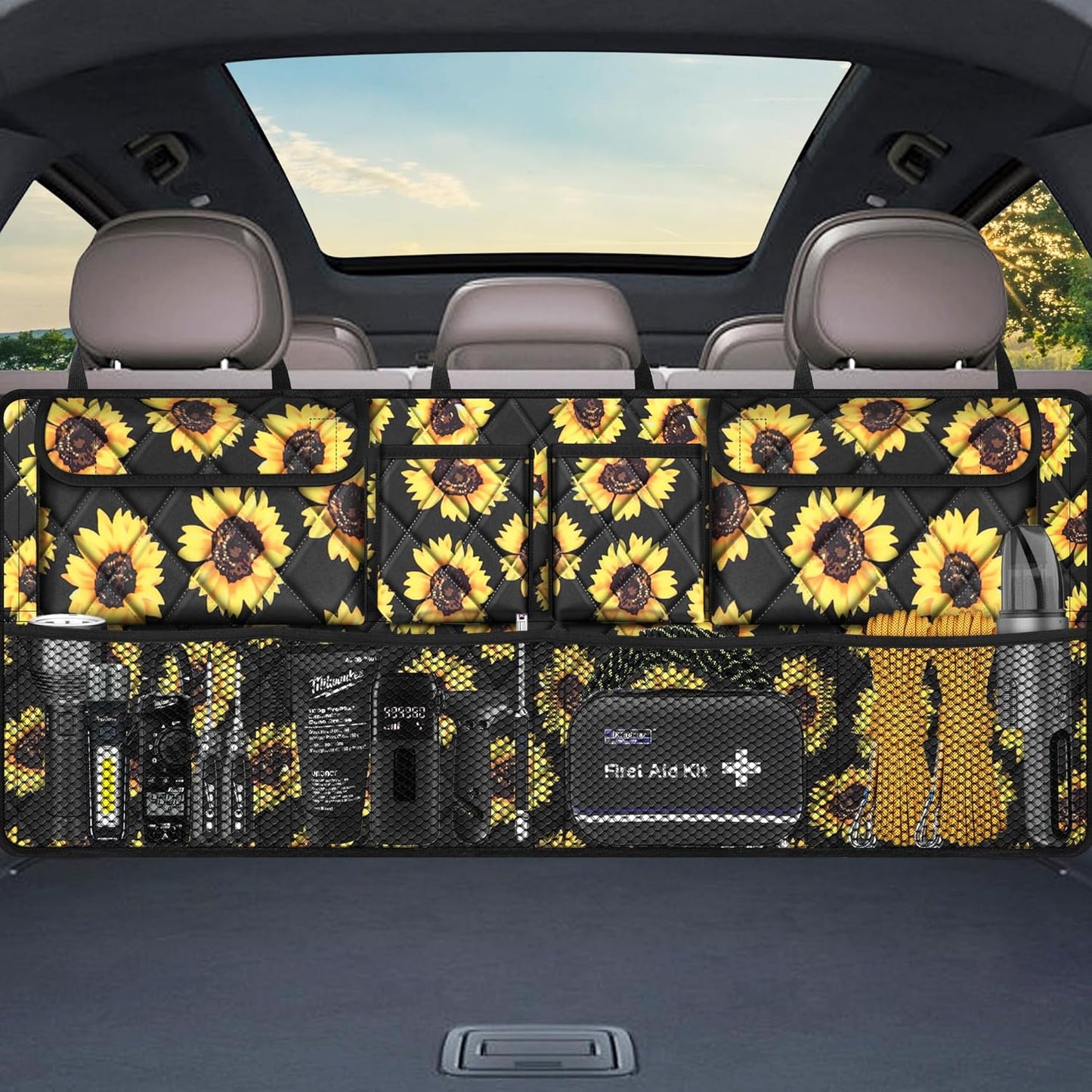 Femuar Car Trunk Organizer, Large Capacity Backseat Trunk Organizer (42"*18"), Collapsible Car Storage Bag with 8 Pockets, SUV/MPV/Truck - Black