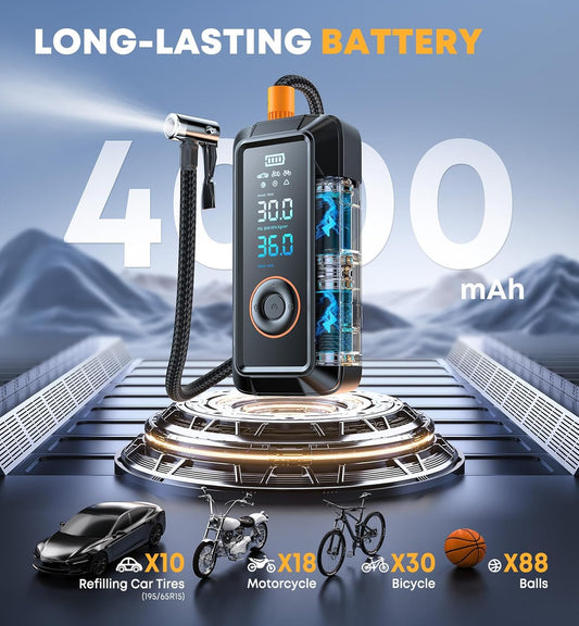 Tire Inflator Portable Air Compressor, Cordless & 12V DC Air Inflator for Car Bikes MotorcycleTires Balls with Auto Shut-Off, Digital Pressure Gauge, Compact Emergency Pump