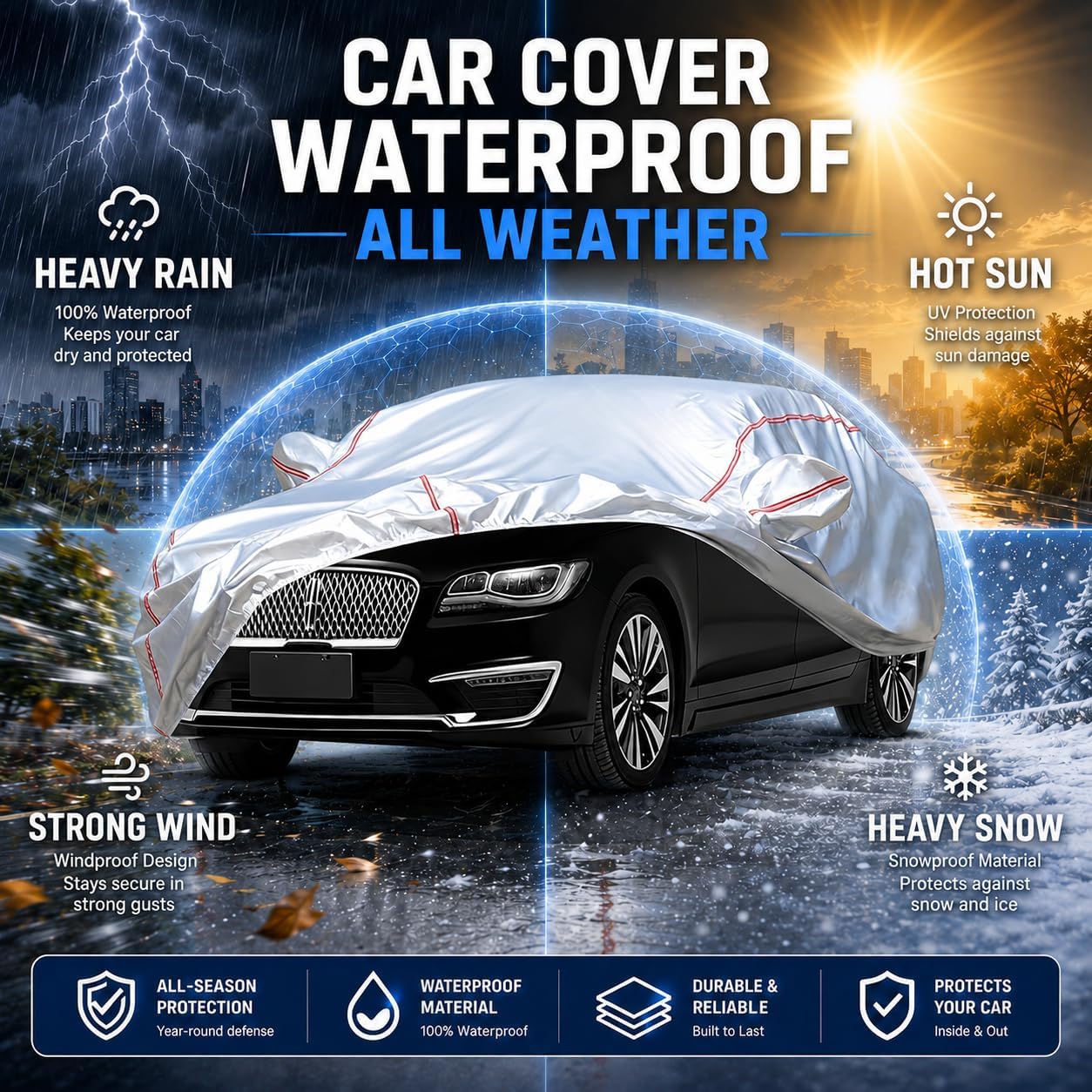 Car Cover for Sedan, Waterproof All Weather Heavy Duty, 360° Underbody Wrap Windproof Design, Quick Install Outdoor Vehicle Cover, Fits 186-193 in
