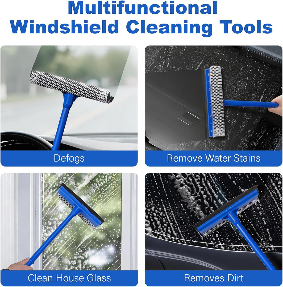 2-in-1 Car Window Cleaner, Multi-Use Car Windshield Cleaning Tool, with 15.9" Handle, 8" Soft Rubber Blade & Highly Absorbent Sponge, Home, Car, Glass, Shower, Outdoor Window Cleaning