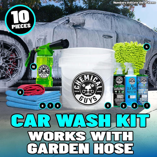 Chemical Guys 10-Piece Arsenal Builder Car Wash Kit with Foam Gun, Bucket, and 3 - 16 fl oz Car Care Products & Chemicals - Works with Garden Hose for Trucks, SUVs, Motorcycles, and More