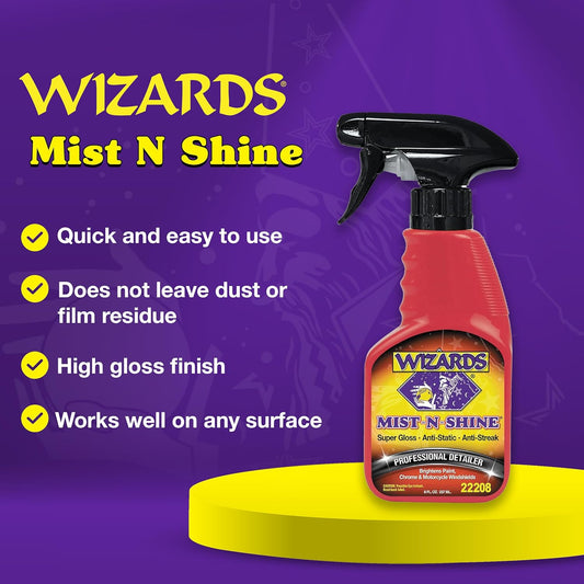 Wizards Mist-N-Shine Detail Spray - 22 Oz - Multi-Purpose High Gloss Finish Waterless Quick Detailer Spray for Glass, Chrome, Paint and Plastics - Car Exterior Cleaner for Auto Detailing Supplies