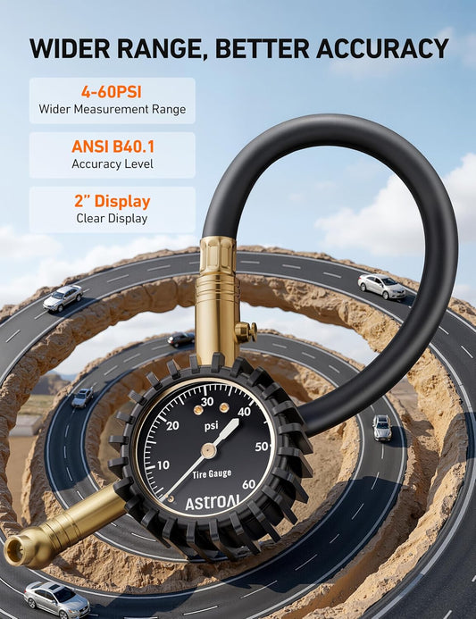 AstroAI Tire Pressure Gauge for Cars with Large 2" Dial, Solid Brass with Rubber Hose, Air Bleeder Valve, ANSI B40.1, 0-60PSI