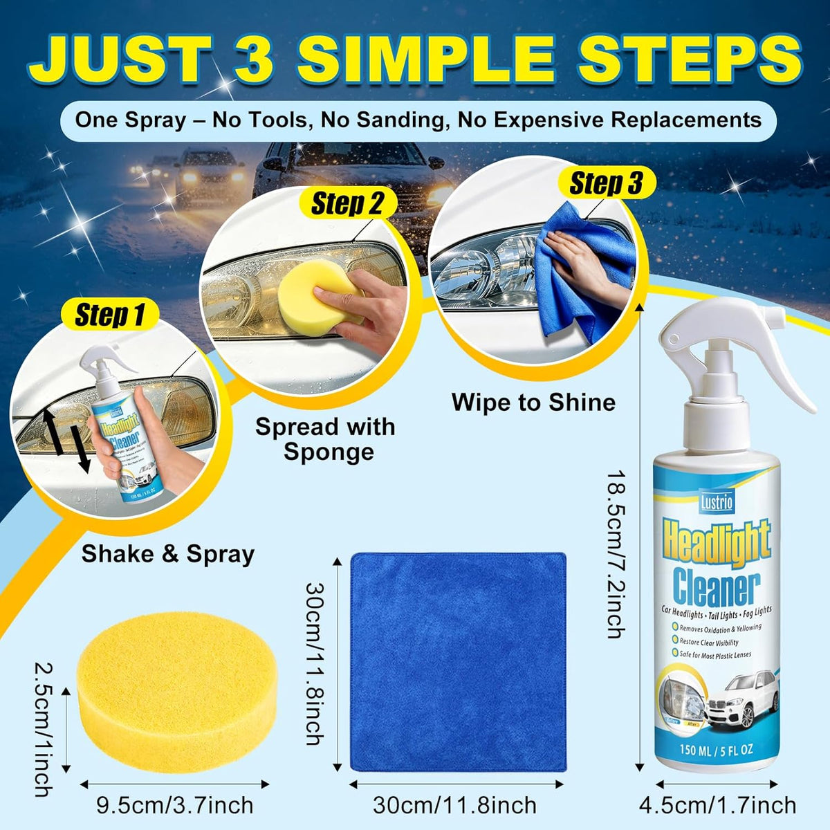 Headlight Cleaner & Restorer Kit – Instant Oxidation, Yellowing & Road Grime Remover – Revives Cloudy Headlamps to Crystal Clear – Includes Sponge & Towel – 5oz/150ml for Cars, Trucks & SUVs