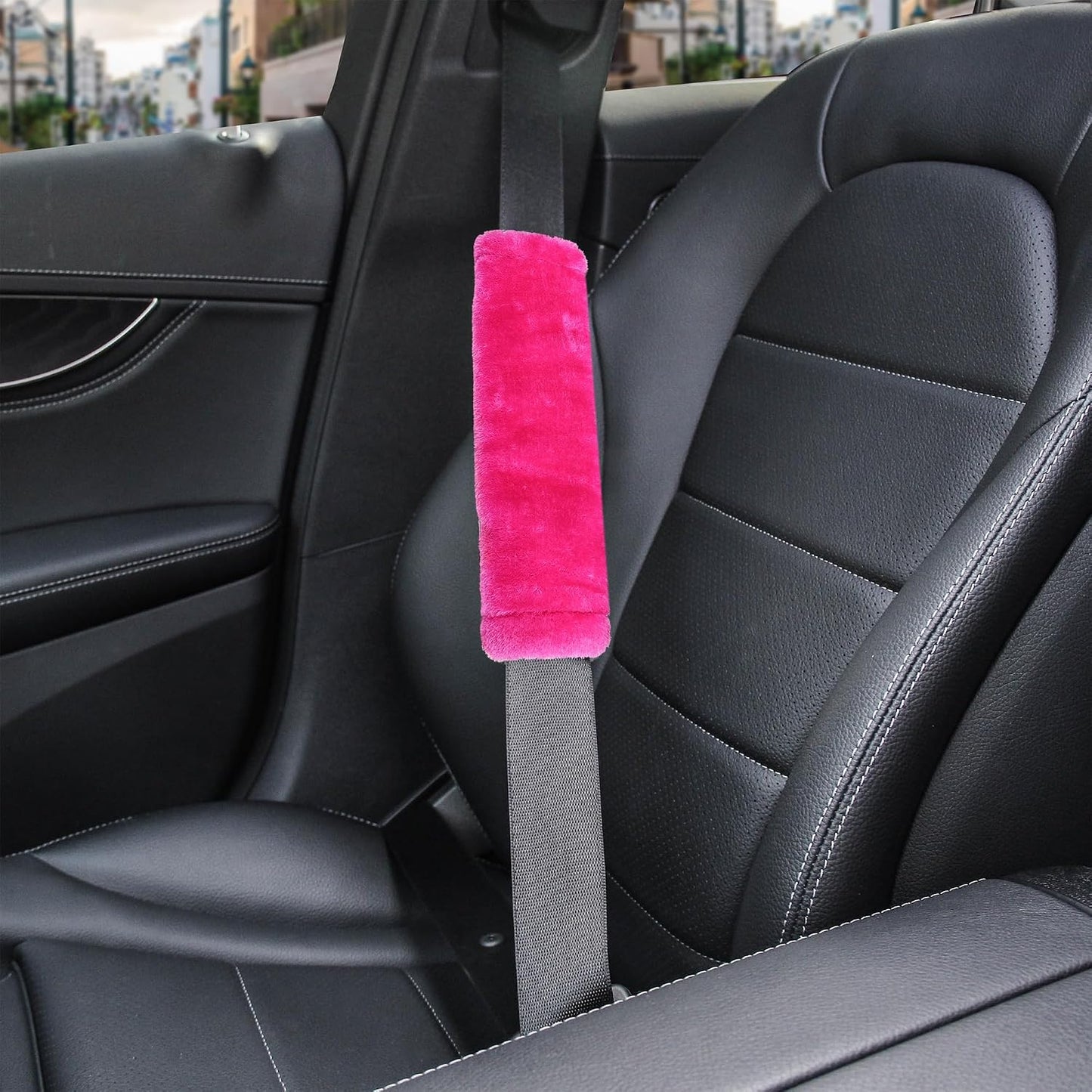 Amooca Soft Faux Fur Universal Fit Seatbelt Cover Car Truck SUV Airplane Seat Belt Shoulder Pad for Carmera Backpack Straps Neck Cushion Protector 2 Pack 10.5in Dark Gray