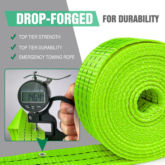 Tow Strap with Hooks 2”x20’ 15,000 LBS, Tow Rope Metal Safety Hooks, Car Heavy Duty Recovery Rope for Trailers, Securing Items, and Farm Cleaning