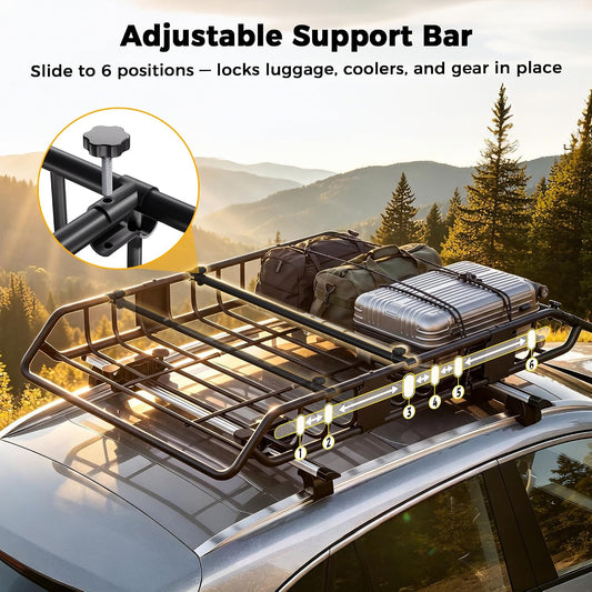 CAMMOO 54"x34" Roof Rack Basket, Removable Fairing & Support Bars for Kayaks/Long Gear, 15 Cu.Ft Waterproof Soft Bag+Lock+Net+Strap–200Lbs Capacity Rooftop Cargo Carrier for SUV Truck Camping