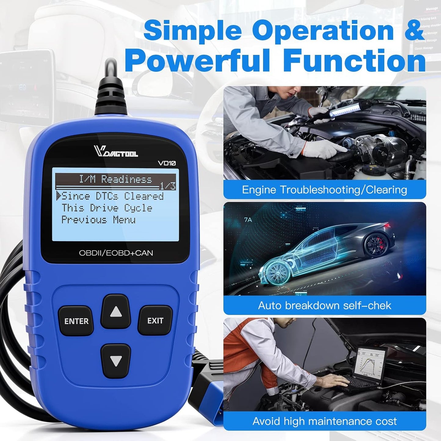 VDIAGTOOL VD10 OBD2 Scanner Code Reader Car Diagnostic Tool Engine Fault Code Reader for Turn Off CEL with Freeze Frame/I/M Readiness for All OBDII Protocol Cars, OBD2 Scanner Diagnostic Tool