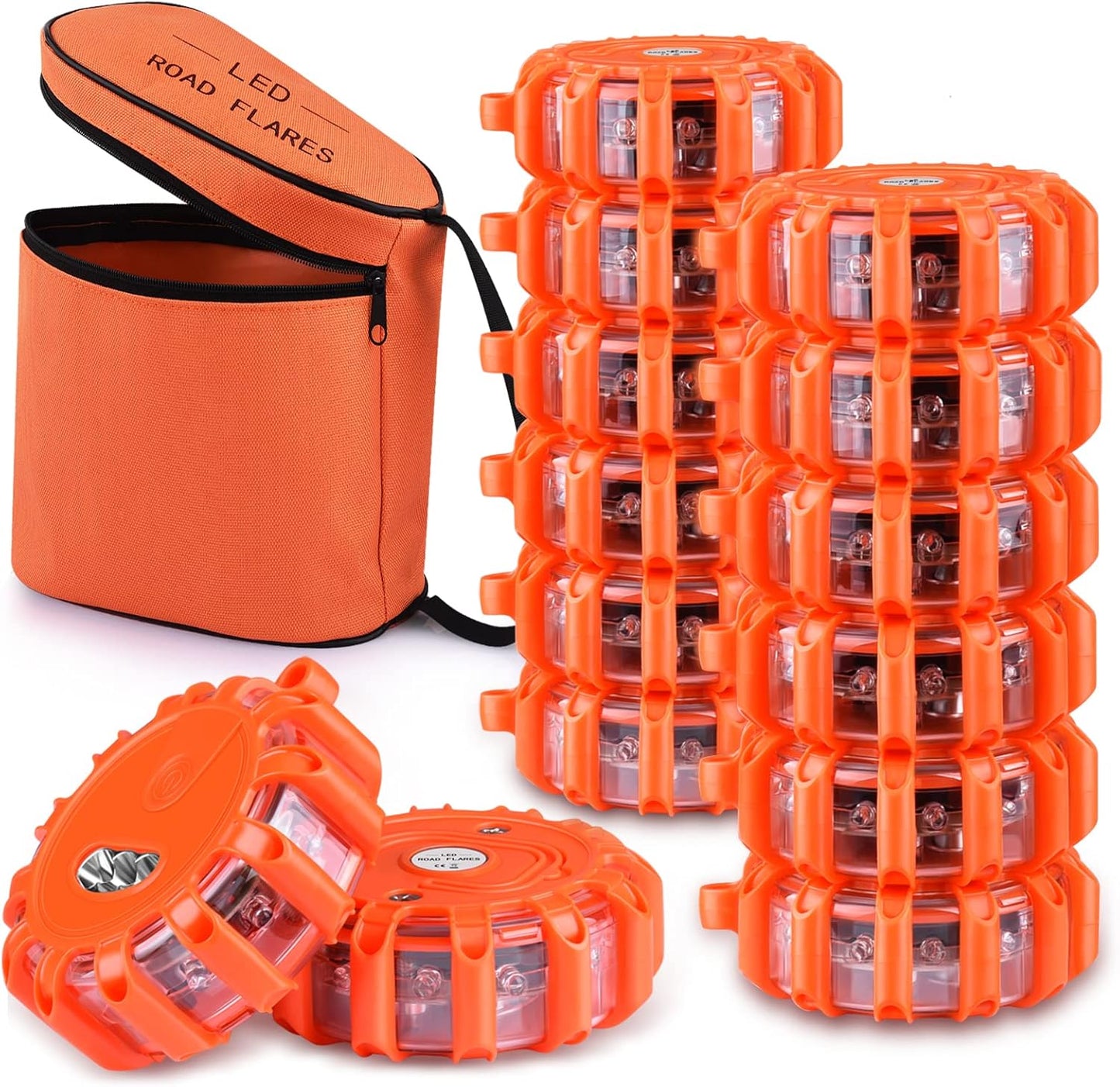 Tobfit 6 Pack LED Road Flares Emergency Lights Roadside Safety Beacon Disc Flashing Warning Flare Kit with Magnetic Base & Hook for Car Truck Boats | 9 Flash Modes (Batteries Not Included) (6)