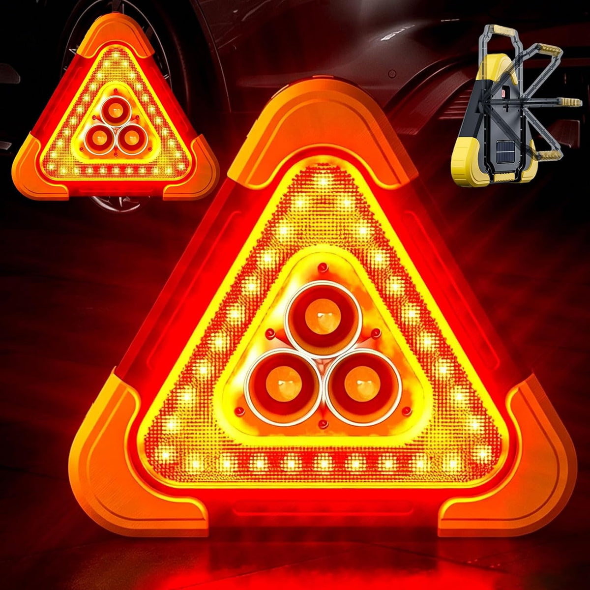 2026 New 3-in-1 Solar Emergency Triangle Warning Light at the Roadside, Portable LED Roadside Triangles with USB Rechargeable, Waterproof Hazard Reflector for Car Breakdowns (1Set, 6.5*7.28inch)