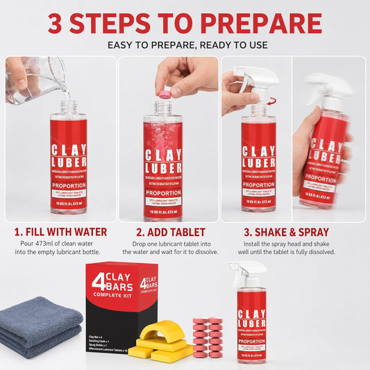 4-Piece Premium Clay Bar Car Detailing Kit - 16oz Clay Lubricant Spray & 10 Lubricant Tablets, Safe for Paint, Glass, Wheels - Removes Contaminants, Sap, Dust for a Smooth Glossy Finish
