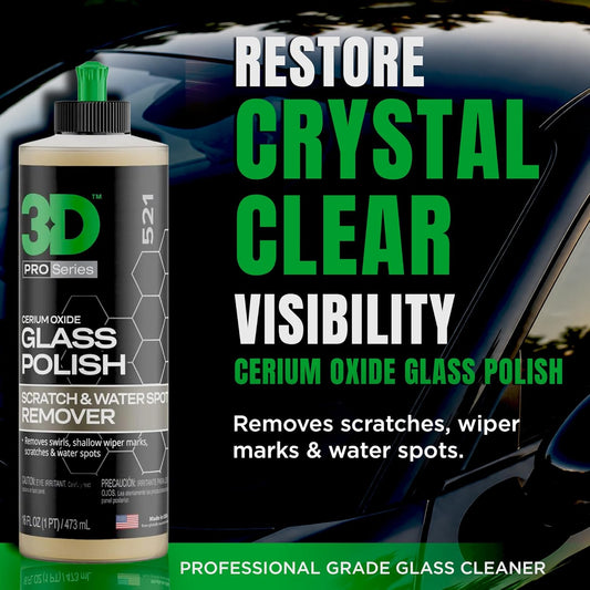 3D Glass Polish – Cerium-Oxide Based Window Polish, Light & Fine Glass Scratch Remover for Car Windows – Restores Clarity & Removes Wiper Marks, Swirls, Water Spots - 16oz