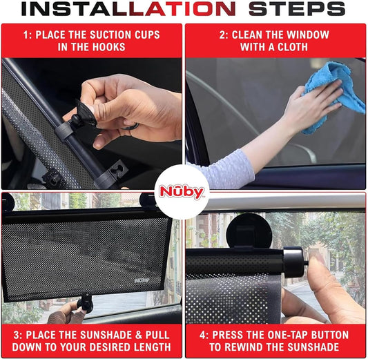 Nuby 14" Roller Vehicle Side Window Sun Protection Shade for Baby | 2 Pack | Pull Down with Suction Cups and Press Button Roll Up | Black