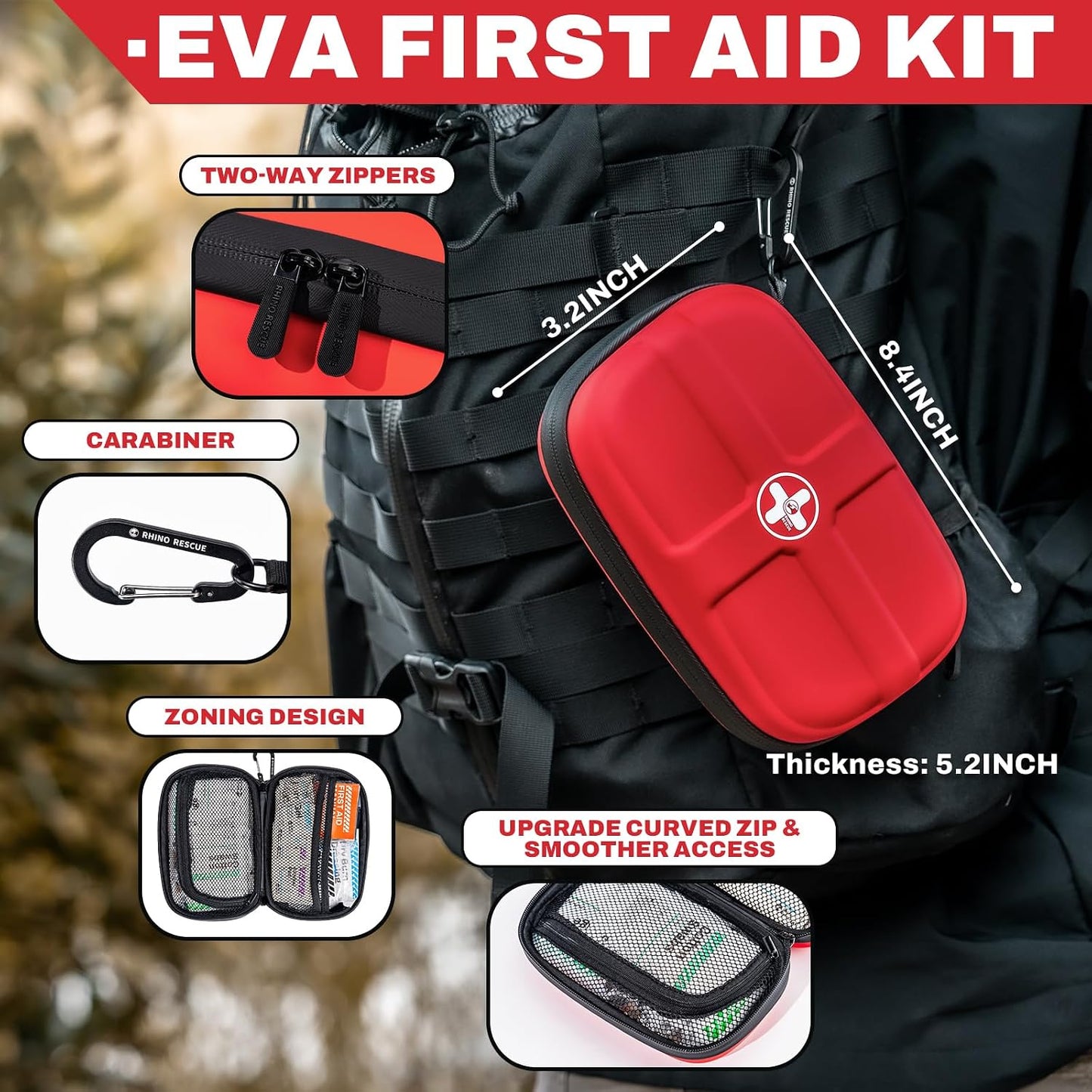 RHINO RESCUE EVA First Aid Kit, Small Waterproof Emergency Hiking First Aid Kit for Backpacking, Medical Kit for Travel, Home, Car, College Dorm Room, Camping, Boat, Back to School (Red)