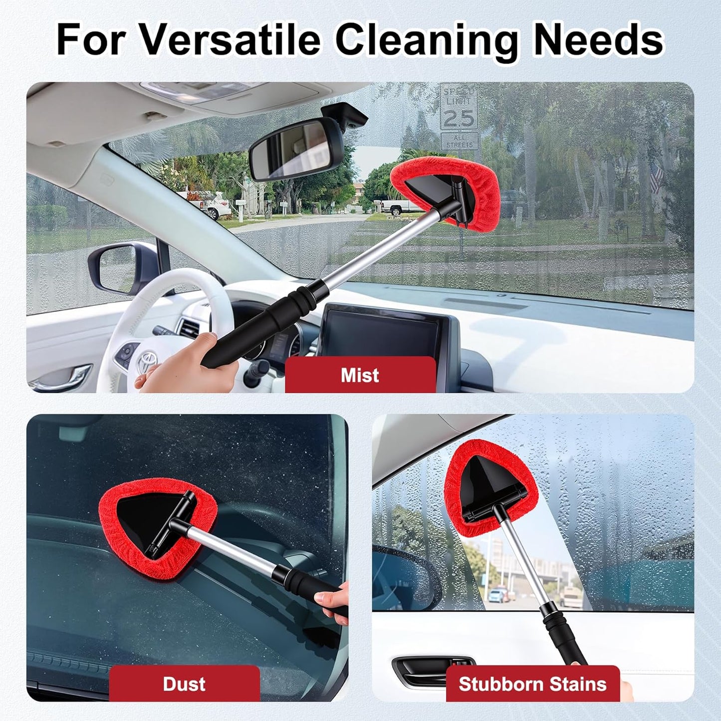 JUSTTOP Windshield Cleaner Tool, Car Interior and Exterior Window Cleaning Kit with Extendable Handle & 4 Reusable Microfiber Pads, Auto Glass Wiper Brush Kit for Car & Home Windows (Green)