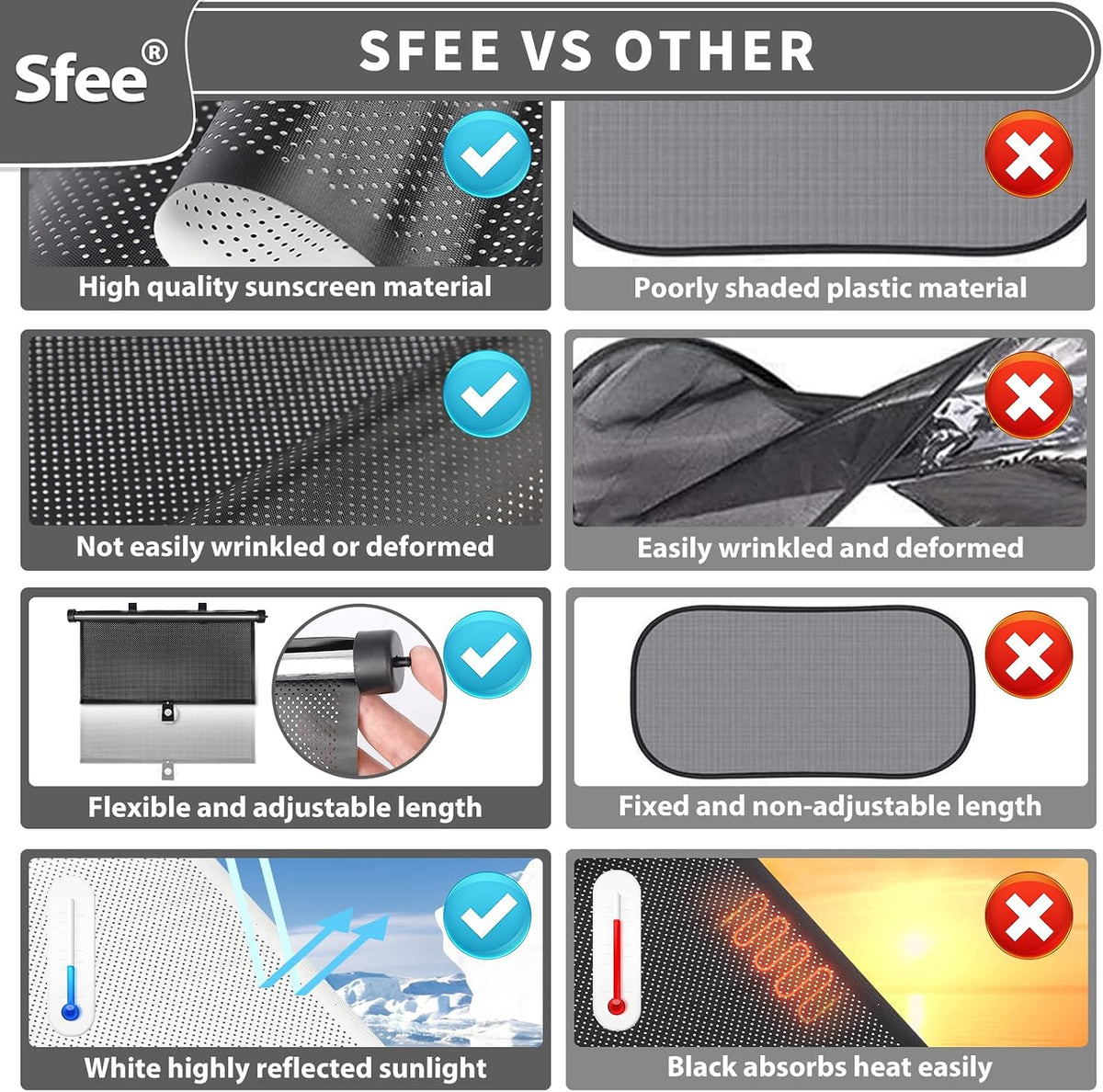 Sfee Car Window Shade for Side Windows, 2 Pack Sun Shade Retractable for Car Blocks Heat and UV Rays Glare Protection Roller Sunshade Visor for Baby, Kids, Pets, Passengers
