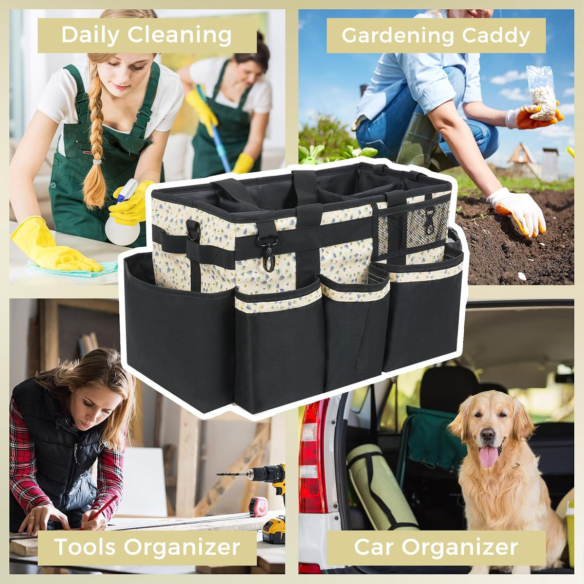 SCAVATA Wearable Cleaning Caddy Organizer with Handle & Shoulder Straps for Housekeepers, Under Sink & Car Cleaning Tool Organizer Bag with 4 Foldable Dividers (Green)