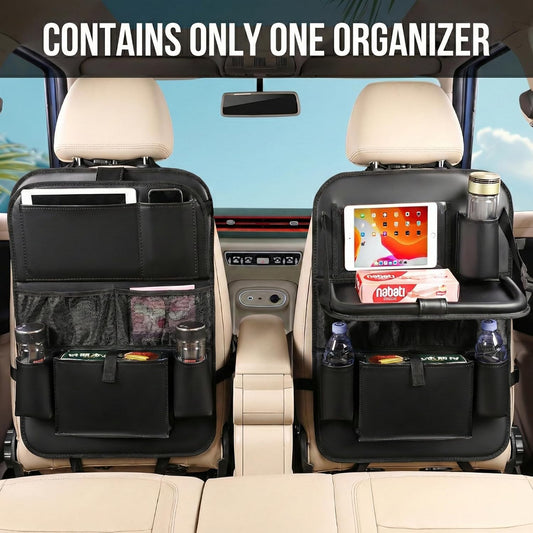 2PACK Leather Car Backseat Organizer with Tablet Holder - 9 Large Storage Pockets, Foldable Food Tray & Anti-Scratch Kick Mats - Universal Car Seat Protector for Kids, Pets & Travel Accessories