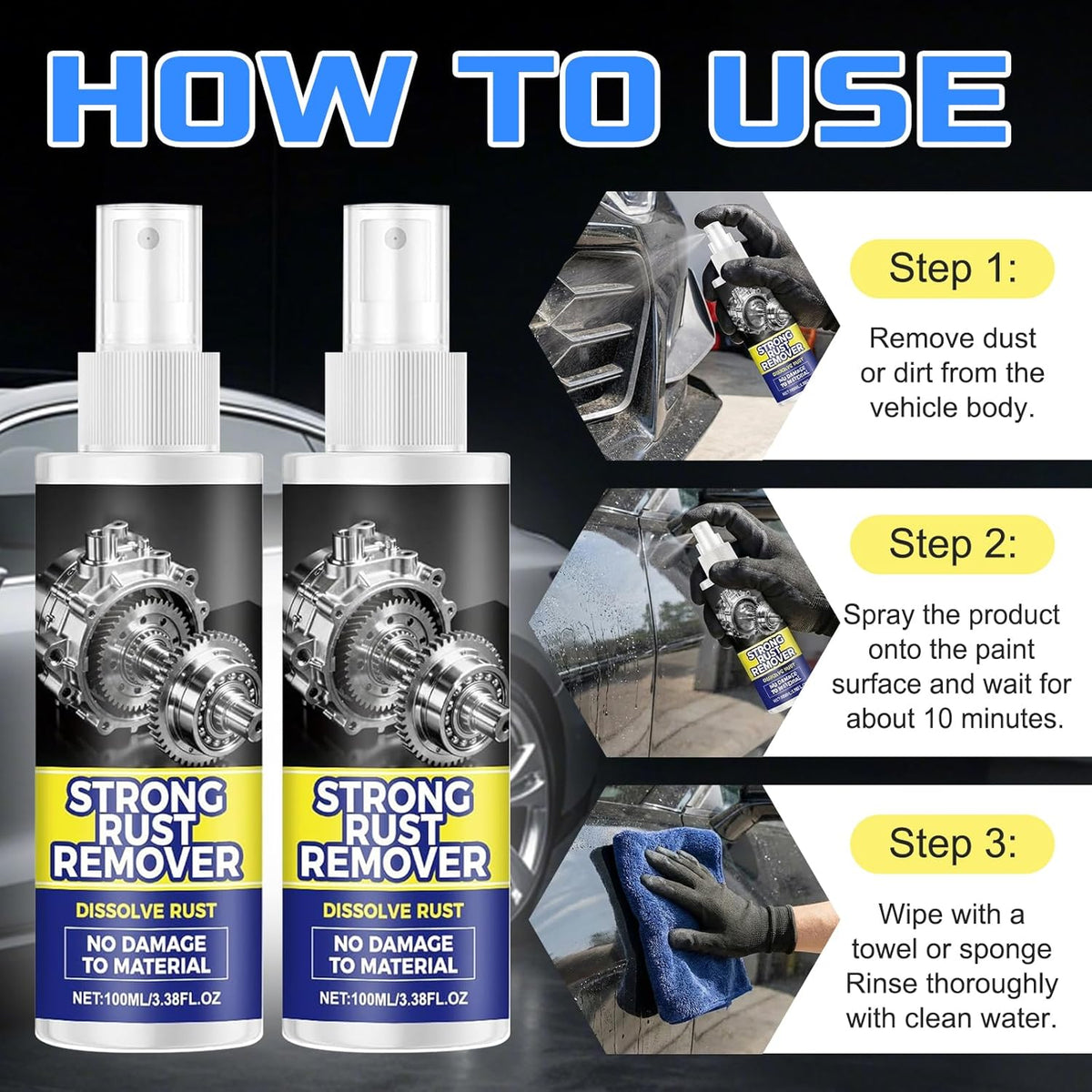 2pcs Rust Remover Spray for Metal, Upgrade Rust Remover Spray for Metal, Multipurpose Rust Stain Remover, Heavy Duty Metal Cleaner for Vehicles, Tools, Cars, Chains, Iron Out Rust Remover Spray