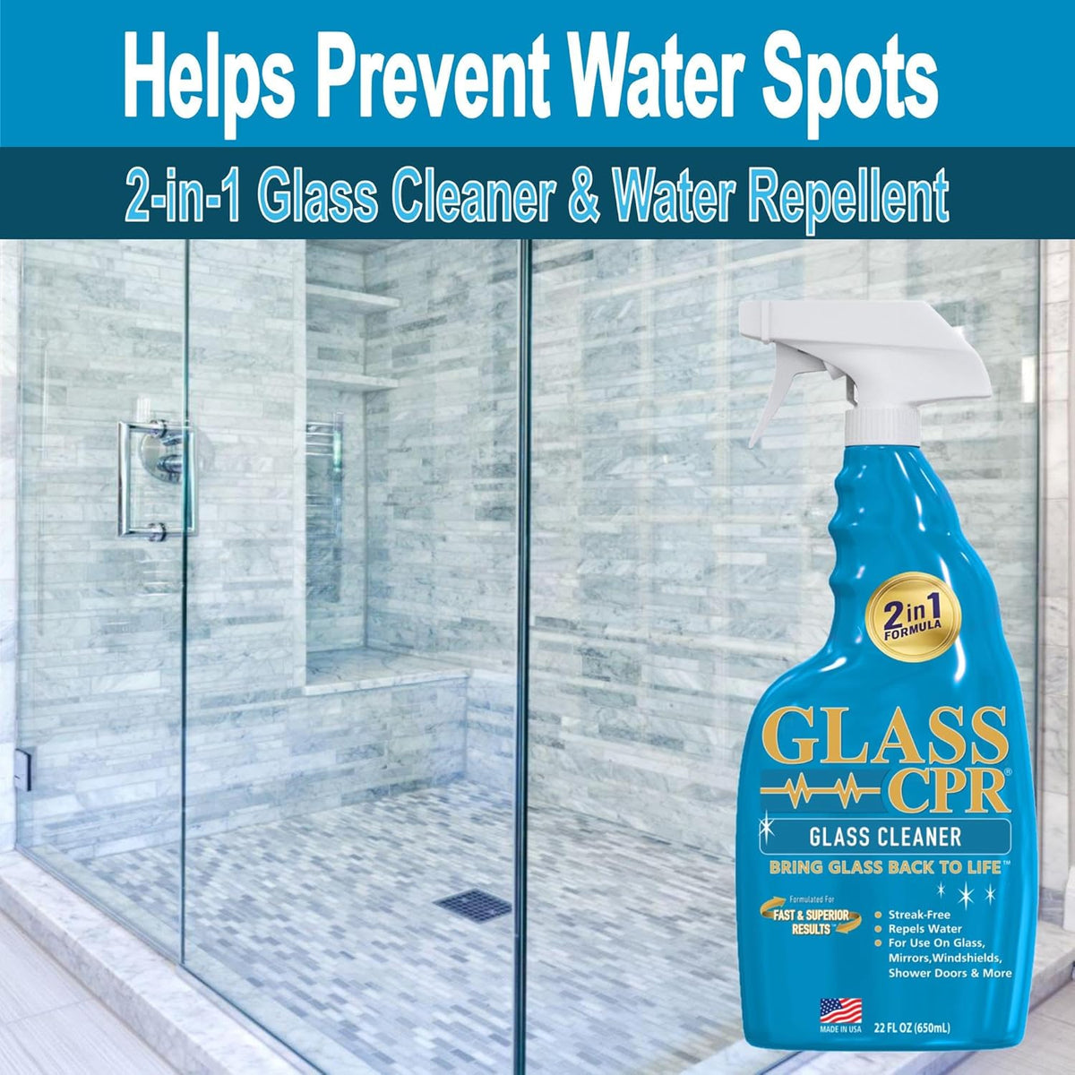 Glass CPR 2-in-1 Glass Cleaner and Water Repellent, 22 oz Spray plus 2 Microfiber Applicator Towels, Streak-Free for Shower Doors, Windshields, Mirrors, Hard Water Stain Formula, Made in USA