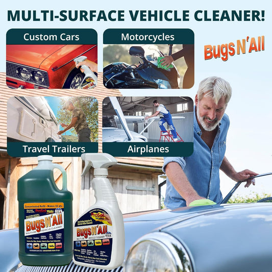 Bugs N’ All Multipurpose Car Cleaner & Degreaser - Bug & Tar Remover Concentrate 4 oz - Exterior Cleaner Safe for Car Paint, Metal, Chrome, Aluminum, Windows & Mirrors - w/Free 32 oz Spray Bottle