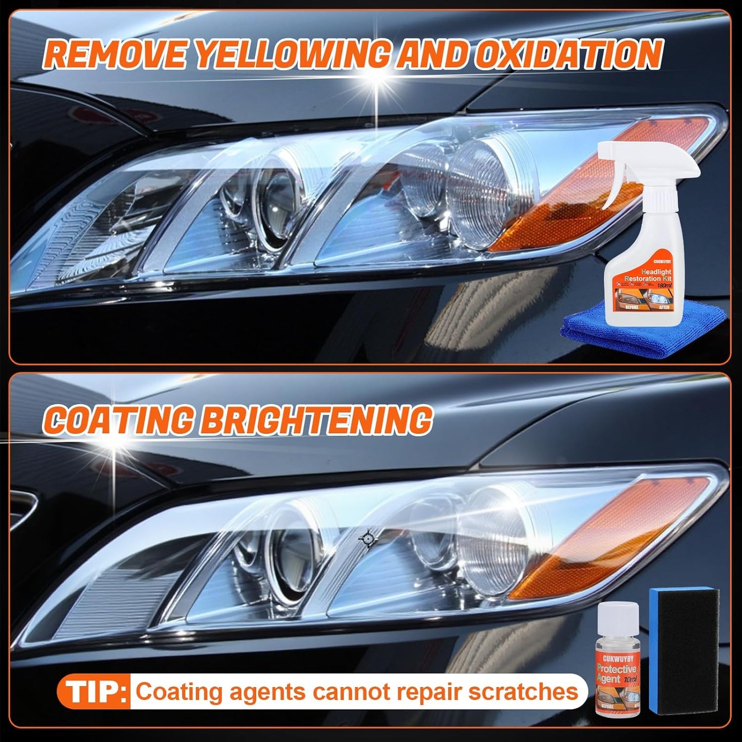 Headlight Restoration Kit Headlight Cleaner Head Light Cleaner Removing Yellowing Oxidized with Headlight Cleaner Coating Agent Sponge Towel (Scratches & Damages Cannot be Repaired)