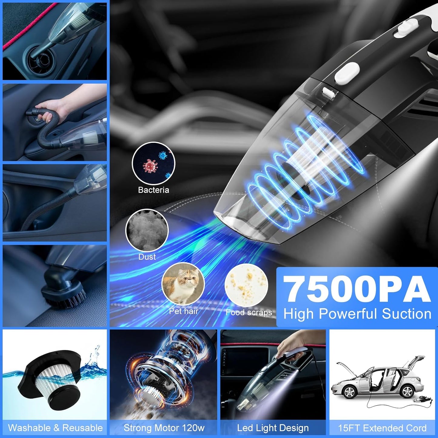 Car Detailing Kit, Car Detailing Brush Set with Vacuum, Bendable Car Wheel Rim Cleaner Brush Set, Car Detailing Brushes, Car Wash Cleaning Tools Kit for Interior, Exterior, Wheels, Blue