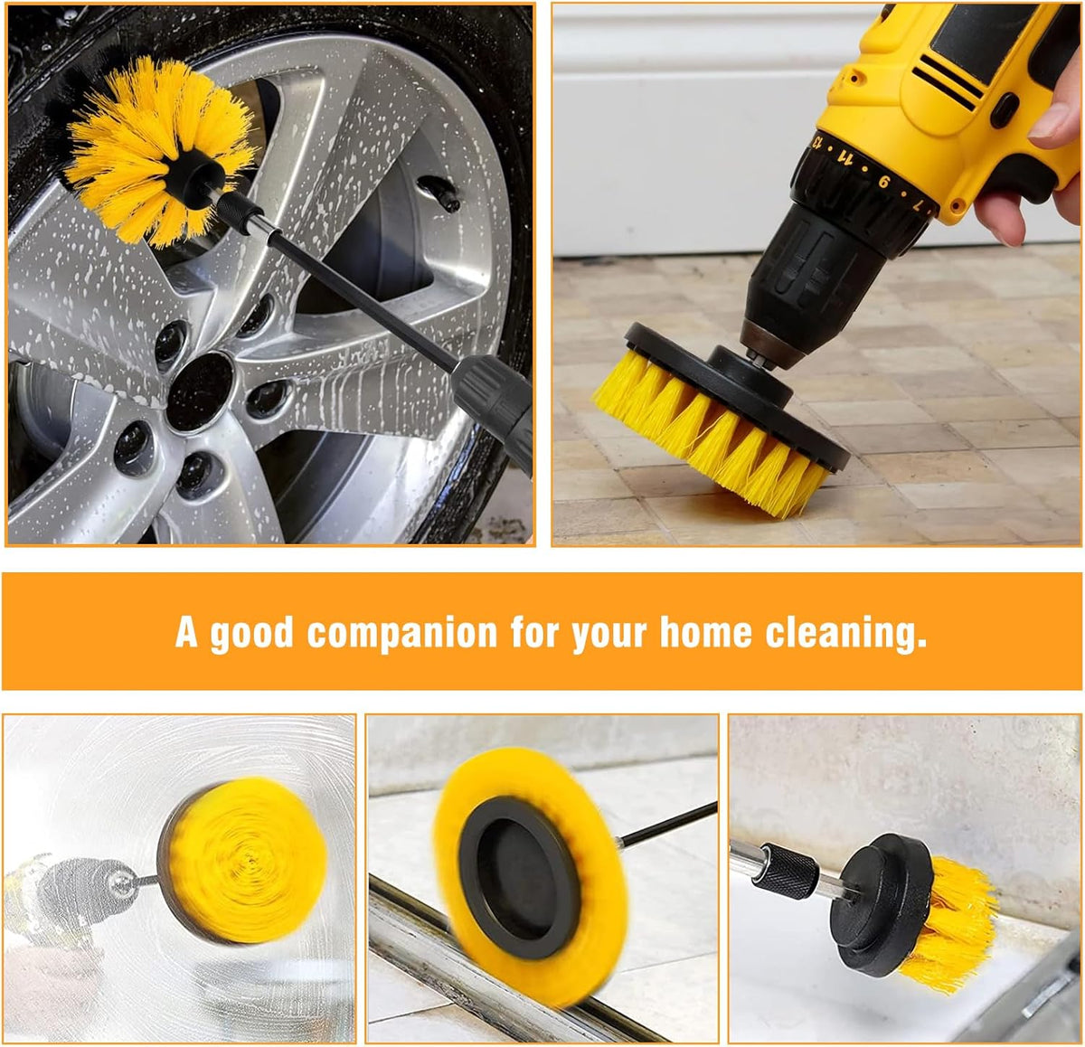 8 Pcs Drill Brush Attachment Set, Power Cleaning Scrub Brush Kit with Extend Long Attachment, All Purpose Drill Scrub Brushes for Car, Grout, Floor, Tub, Bathroom and Kitchen (Yellow)