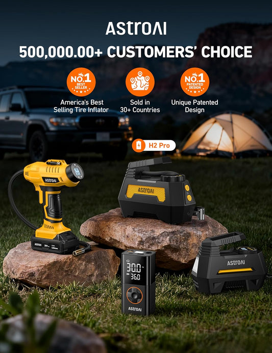 AstroAI H2 Pro Cordless Tire Inflator Portable Air Compressor Tire Pump with DC 12V & Battery Dual Power Supply Digital Pressure Gauge Fast Inflation Air Pump for Car Tires Motorcycles Bikes Yellow