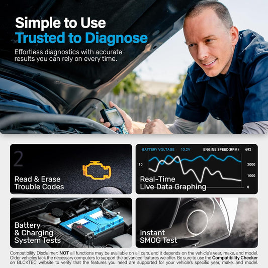BLCKTEC 440 Bluetooth OBD2 Scanner Diagnostic Tool - Car Code Reader and Scanner for Car - Comes with Live Data - Battery/Charging System Test - Works for All OBD Compliant Cars 1996 & Newer