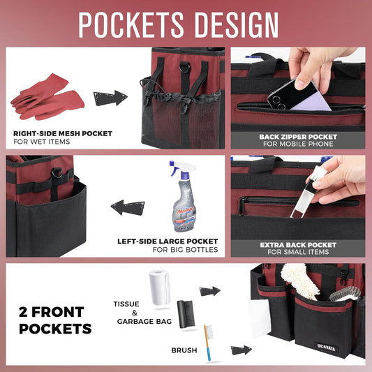 SCAVATA Compact Wearable Cleaning Caddy, Small Supplies Organizer with Handle & Shoulder Straps for Housekeepers, Under Sink & Car Cleaning Tool Organizer Bag (Black)