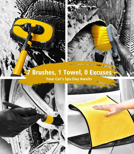 YeewayVeh Car Wash Brush with Long Handle, Microfiber Car Wash Mop with Replaceable Chenille Brush Head, Soft Cleaning Brush with 15° Curved Extension Pole Car Wash Kit for RV Truck Camper, Yellow