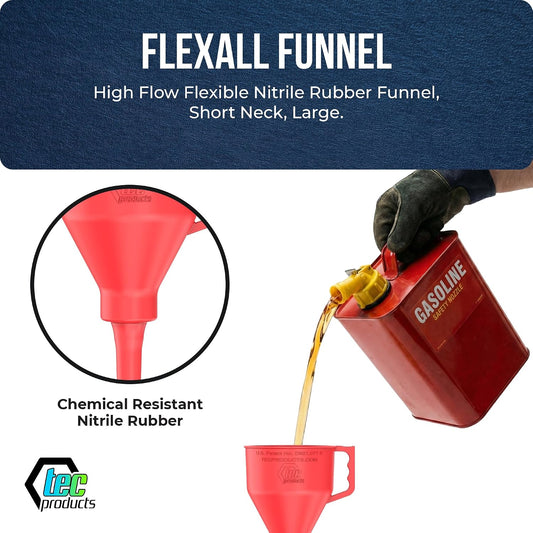 TEC Products FlexAll Short Neck Funnel - Flexible Funnel w/Hose, Durable Nitrile Rubber Automotive Funnels - Oil Change Tool for Transmission Fluid, Diesel, Gas - USA Made - Large (11 x 5.73 Inches)
