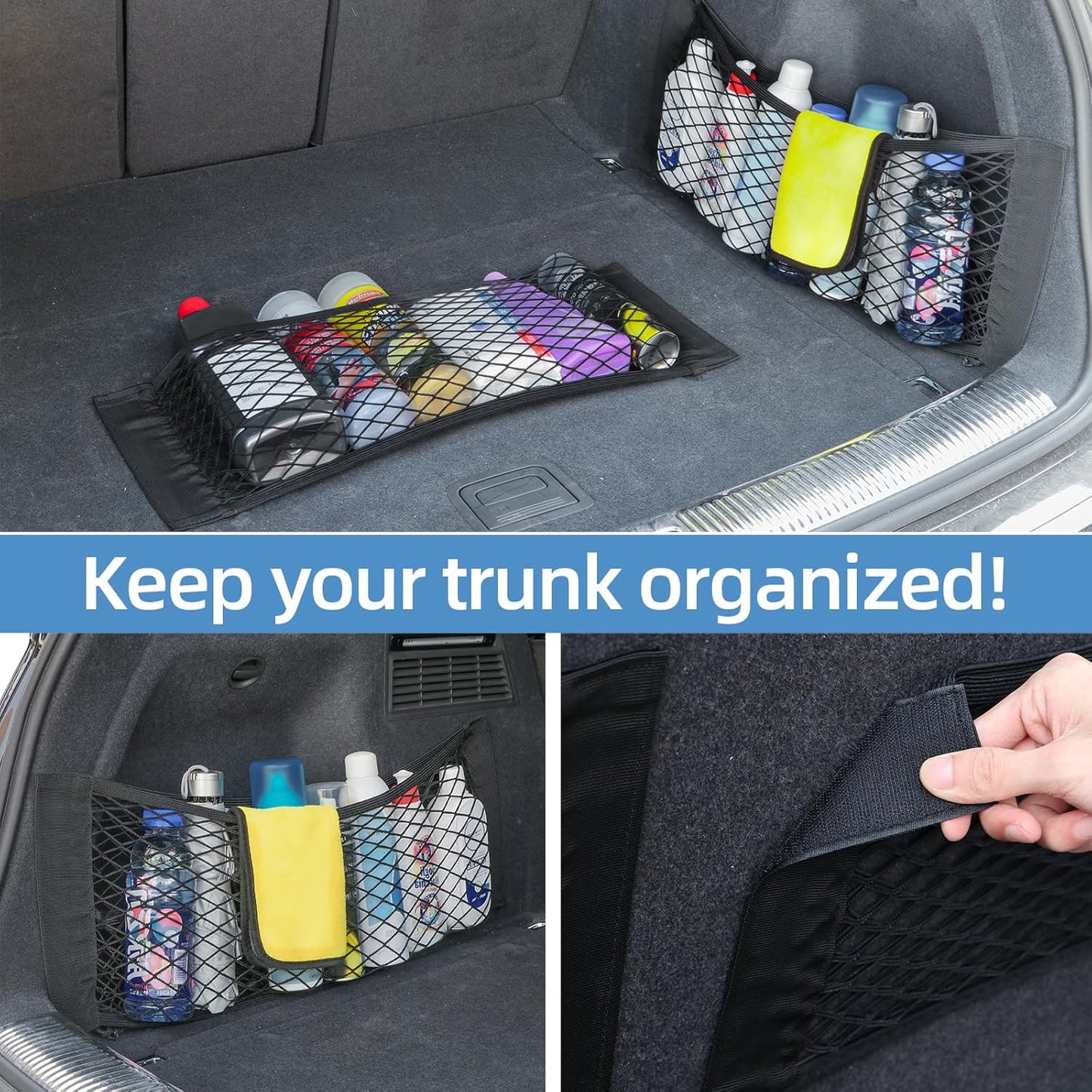 Universal Mesh Cargo Net for Car Trunk Storage,Elastic Small Automotive Cargo Net Pocket Wall Sticker Organizer Pouch Bag Storage for SUV,2 Pack with Tape Stickers