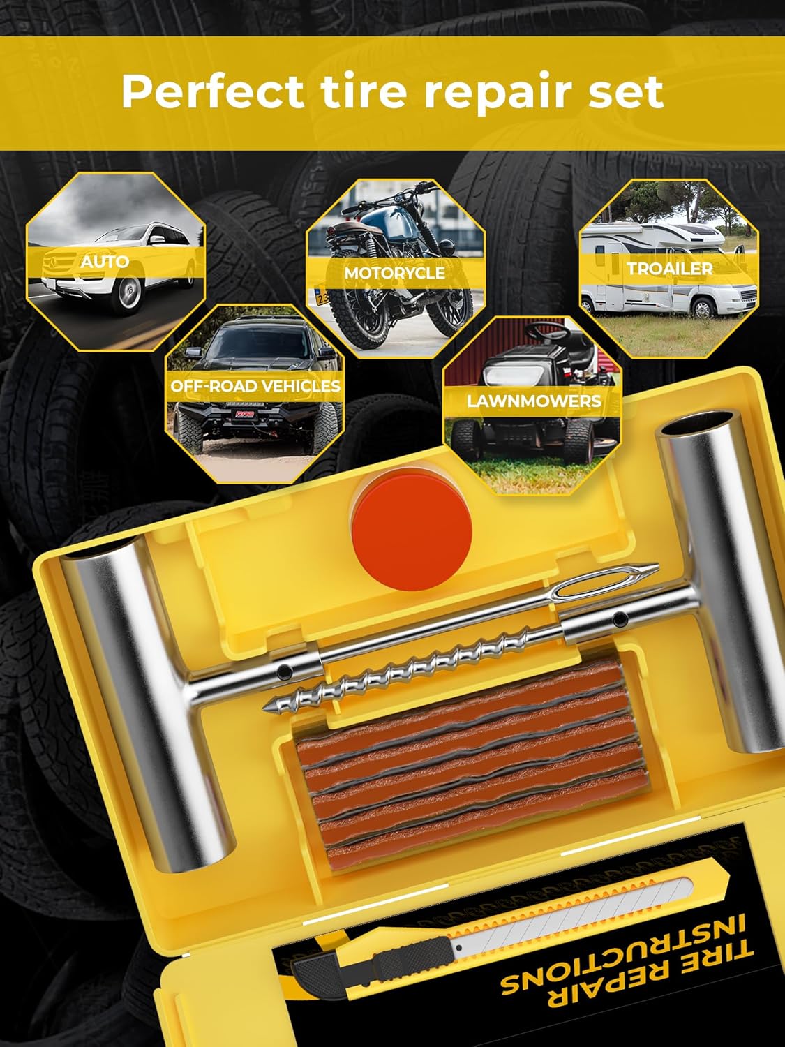 AUTOWN Tire Repair Kit with Plugs Fix Punctures & Plug Flats with Ease - Heavy Duty Flat Tire Puncture Repair Kit for Car, Motorcycle, ATV, UTV, RV, Trailer, Tractor, Jeep, Etc