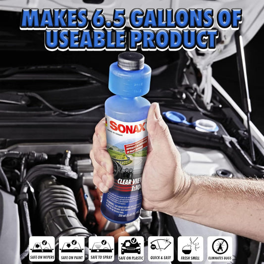 SONAX Clear View Concentrate 271141 | High-Performance Windshield Cleaner Concentrate | Remove Insects, Oil, Road Grime & Film | Streak-Free Phosphate-Free Formula | Makes 6 Gallons of Cleaner | 250ml