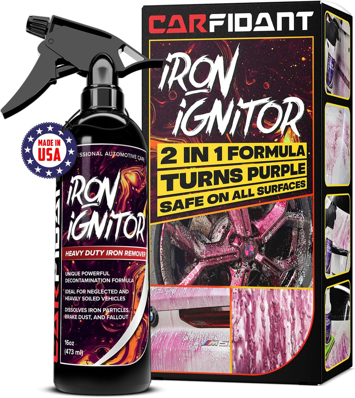 Carfidant Iron Ignitor - Iron Remover & Wheel Cleaner - Color-Changing Purple Decon Spray for Brake Dust, Rust, Fallout - Safe on Paint, Rims & Metal - Car Detailing - pH Neutral - 16oz
