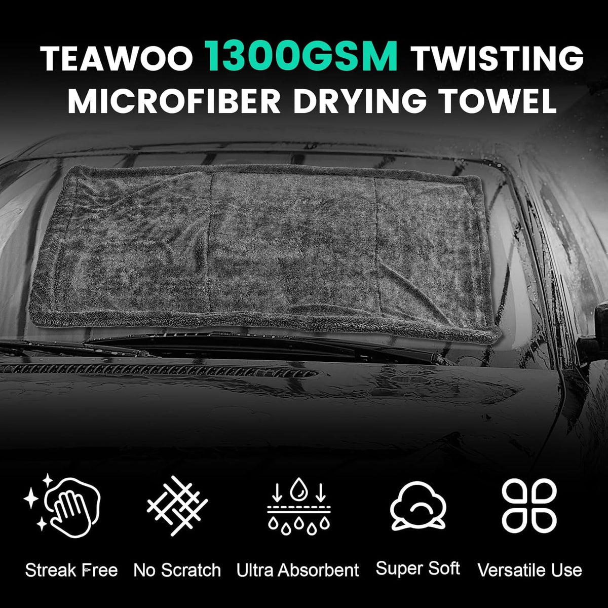 TEAWOO 3-Pack Microfiber Towels for Cars (24" x 35"), Extra Large Super Absorbent Car Drying Towel, Drying Towel for Car & Trucks, Car Towels Drying with No Streaks & Scratches