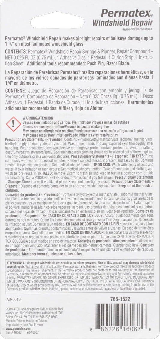 Permatex 16067 Bullseye Windshield Repair Kit, .025 oz. Syringe, .025 Ounce Syringe , White