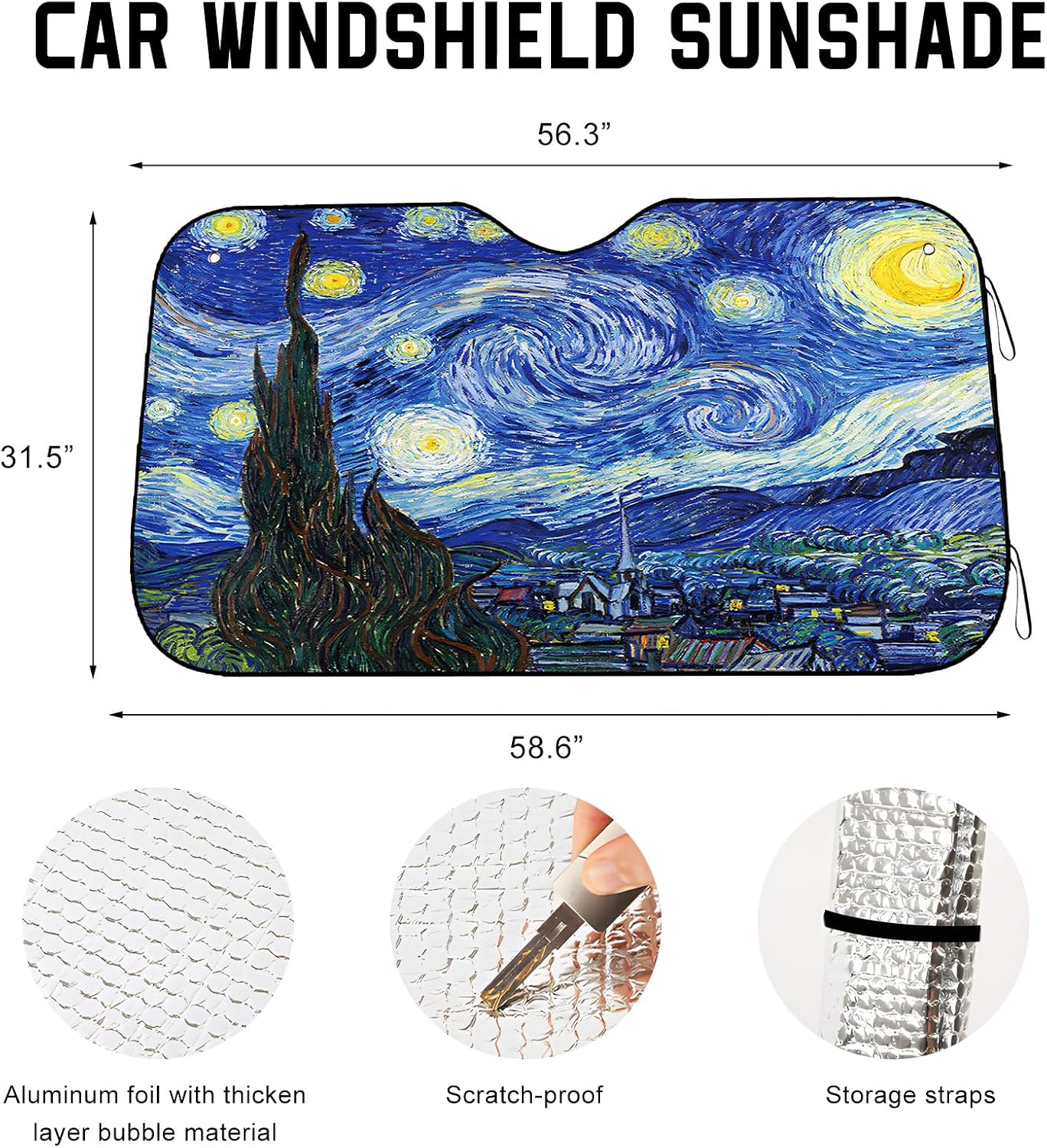 Car Windshield Sunshade, 58.7" × 31.5" Reflective Starry Sky Auto Window Sun Shield for UV Protection, Foldable Starry Night Front Windshield Sunshade Cover for Most Cars (Standard)