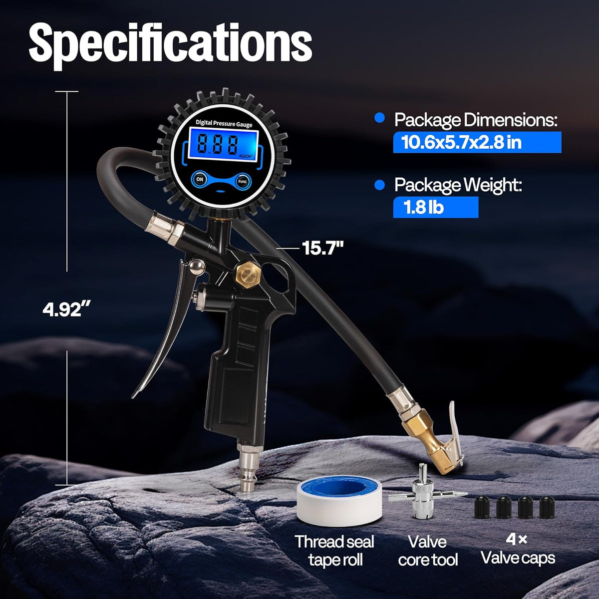 SPECSTAR 2 Pack Digital Tire Inflator with Pressure Gauge, Night Available 250 PSI Air Chuck and Compressor Accessories with Rubber Hose and Quick Connect Attachment for 0.1 Display Resolution