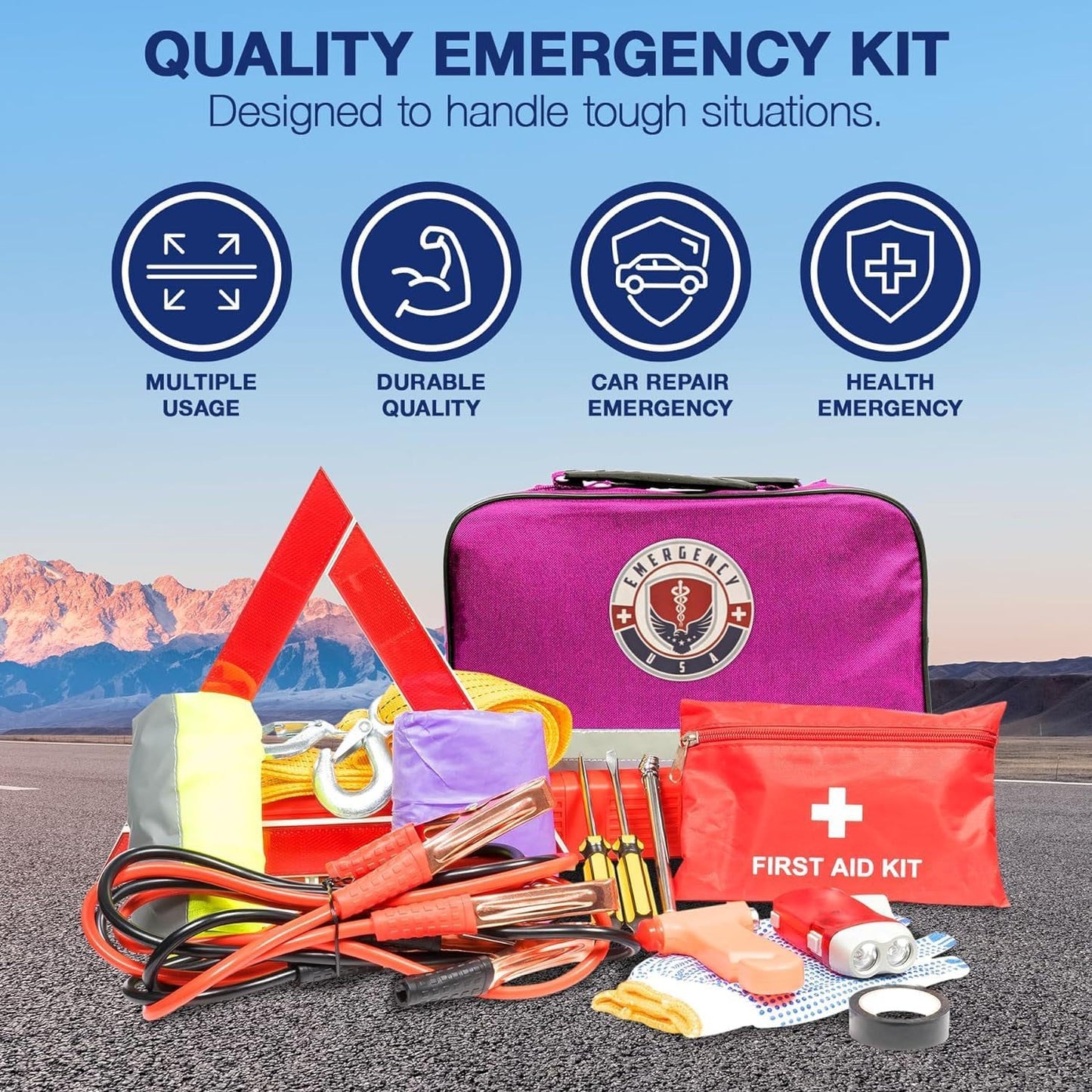 Roadside Car Emergency Kit - First Aid Set, Jumper Cables, Tow Strap, LED Flash Light, Rain Coat, Tire Pressure Gauge, Safety Vest and More (Black)