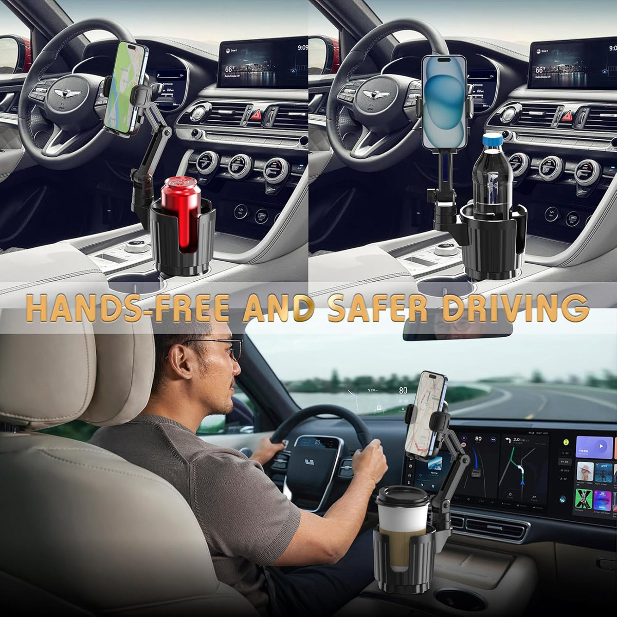 bokilino Phone Holders for Your Car, 2 in 1 Universal Cup Holder Expander Adjustable Base with Phone Mount, Long Arm with 360°Rotation Cup Holder Phones Mount for Car Compatible with All Smartphones