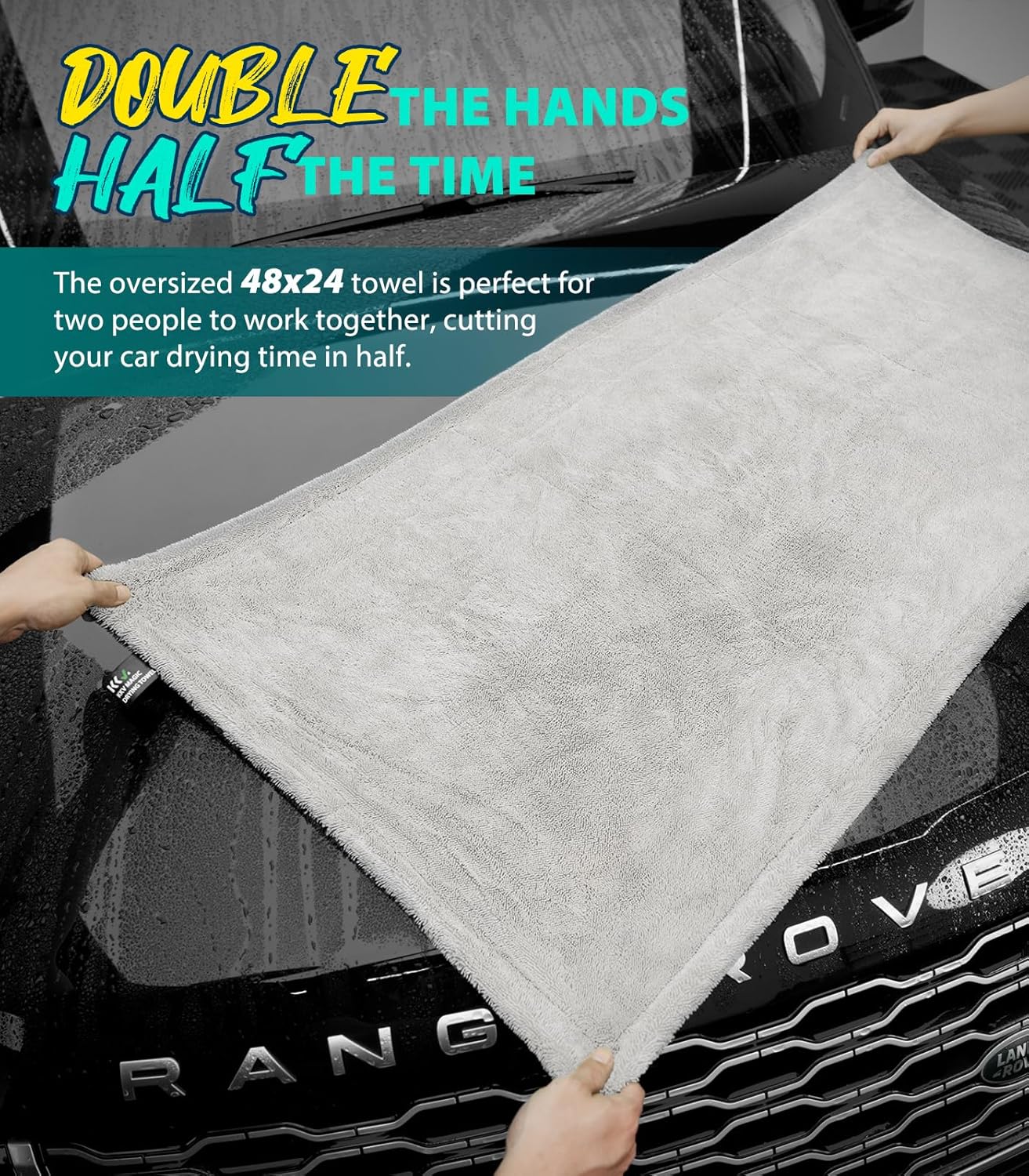 KKV Full-Sized SUV Drying Towel, 48”x24” Dual Sided Microfiber Car Cleaning Towel with Twisting Yarn Technique, 1400GSM Super Absorbent, Scratch-Free, Machine Washable (Darkgray-GreenYellow)