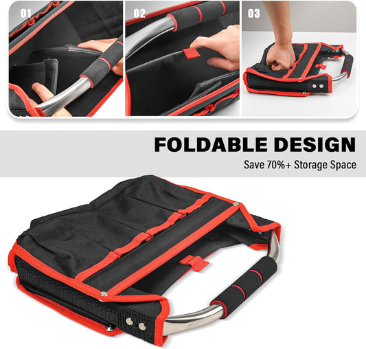 HAUTMEC 13 Inch Tool Bag, Foldable Open Top Tool Bag with Stiff Frame, Heavy-Duty Tool Tote with Padded Handle, Water-Resistant Base, Portable Tool Organizer for DIY & Jobsite Use – TB0001
