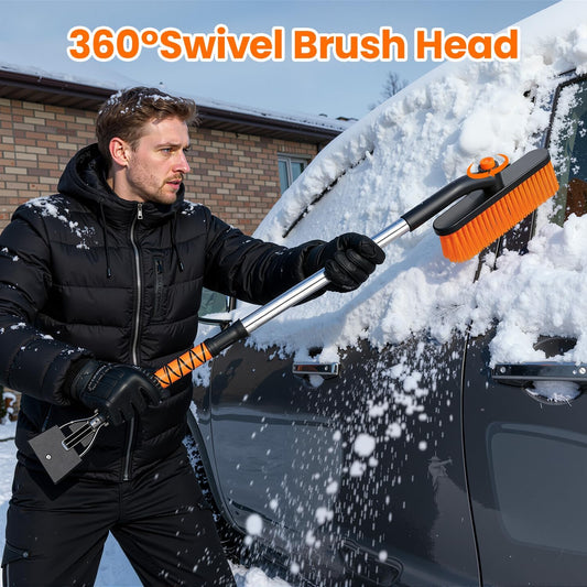 33" Extendable Snow Brush and Ice Scraper for Car Windshield, 2-in-1 Car Snow Brush & Ice Scraper with 360° Pivoting Brush Head and Comfortable Foam Grip for SUV Trucks Sedans,Orange 