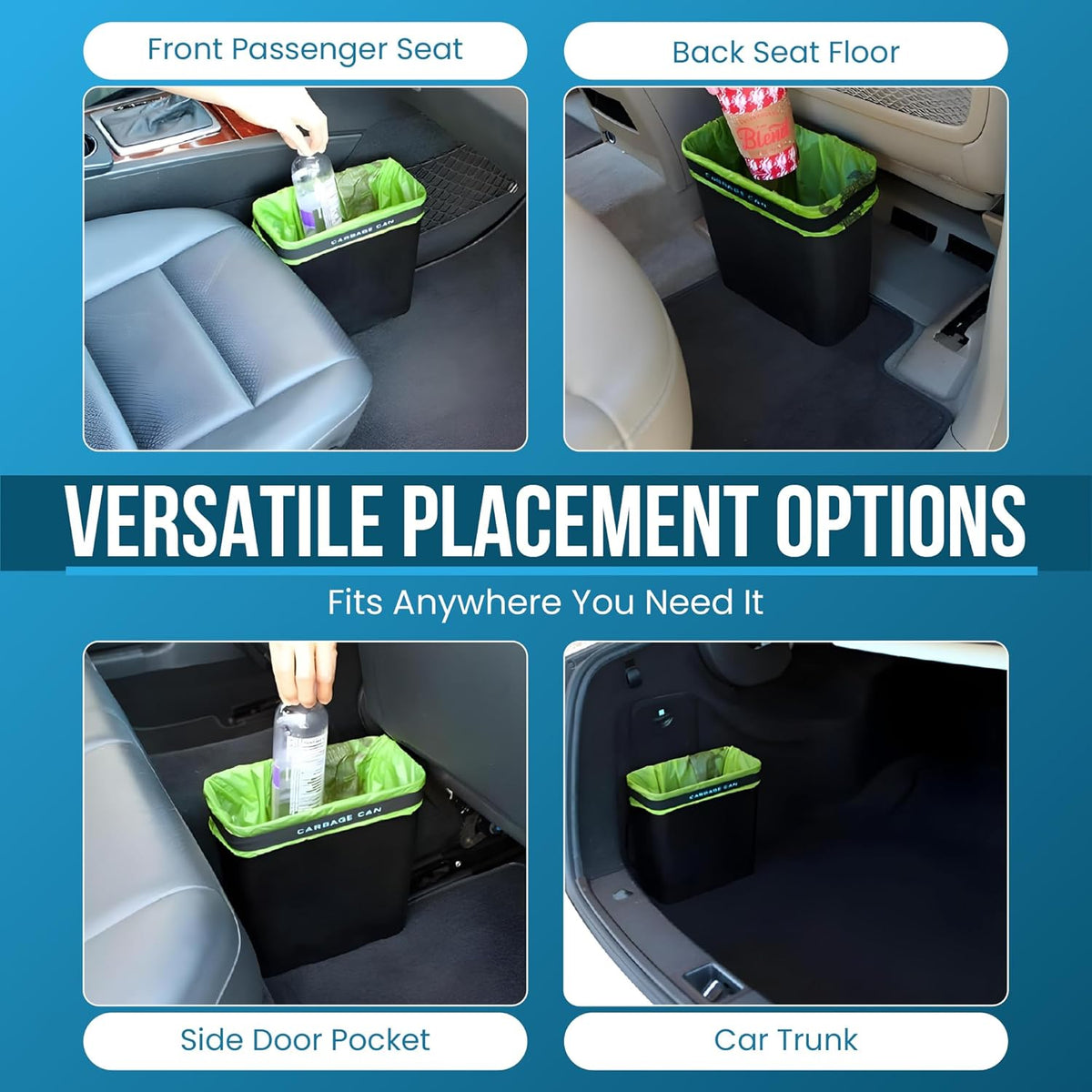 Car Trash Can for Car — 3-Gallon Leakproof Garbage Can with Floor Mat Clip & Bag Securement Band | Open-Top Vehicle Trash Bin for Drivers & Passengers | Fits SUV, Truck, Van, Sedan, MPV (Black)