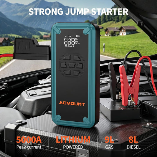 W160 Jump Starter with Air Compressor, 5000A Portable Car Jump Starter 150PSI Tire Inflator/Air Pump, 12V Battery(Up to 9L Gas/8L Diesel Engine) Jump Pack Car Emergency Kit Idea Gift for Man (Silver)