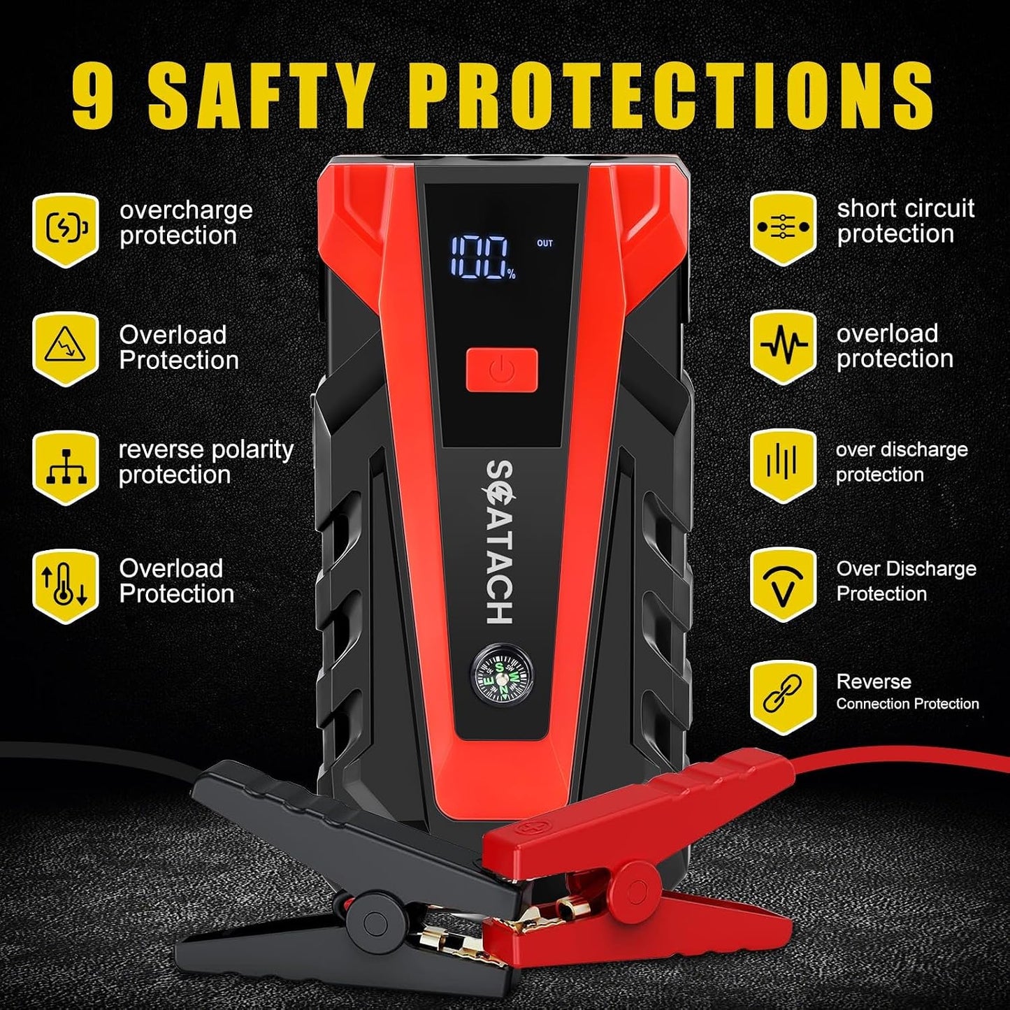 Scatach 3000A Car Battery Jump Starter,12V Jump Starter Battery Pack Portable (up to 9.0L Gasoline and 7.0L Diesel Engine), Jump Box with 3 Modes Flashlight and Jumper Cables