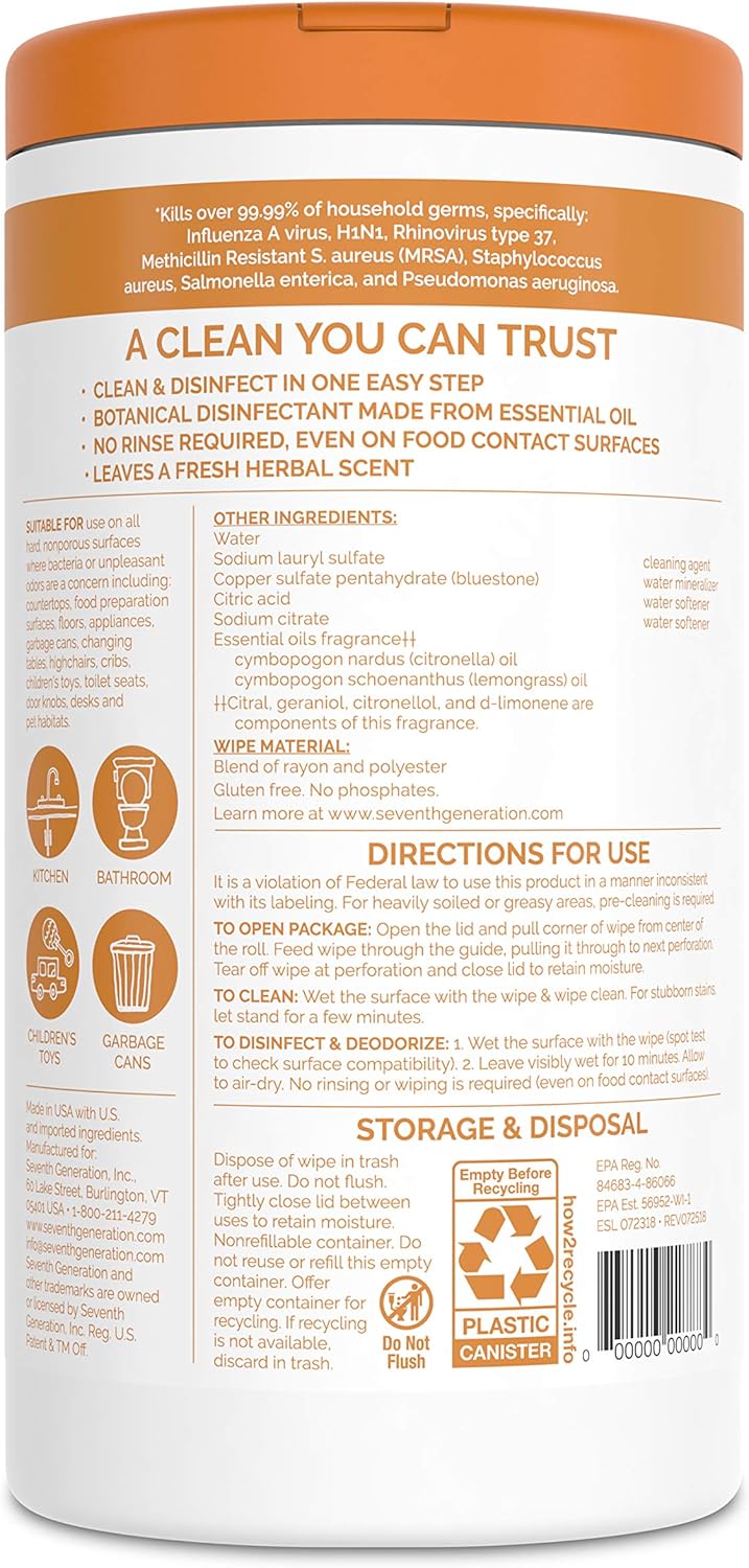 Seventh Generation Disinfecting Wipes, Lemongrass Citrus, 70 Count, 3 Pack, Botanical Multi-Surface Cleaner Kills 99.9% Germs, No Bleach, Plant-Based Formula for Home, Kitchen, Bathroom, Car Interior